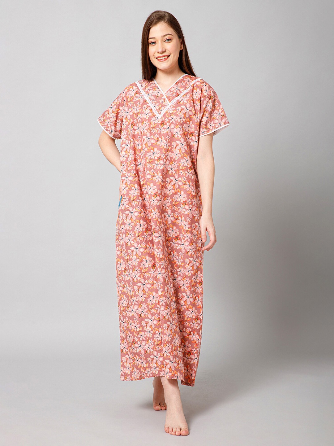 

Winza Designer Floral Printed Pure Cotton Maxi Nightdress, Peach