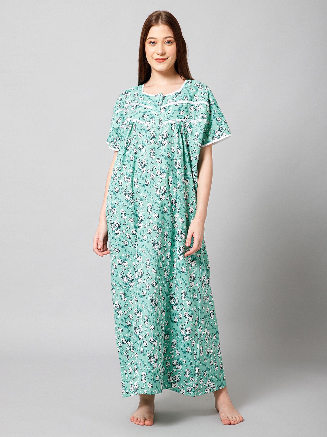 

Winza Designer Foral Printed Pure Cotton Maxi Nightdress, Green