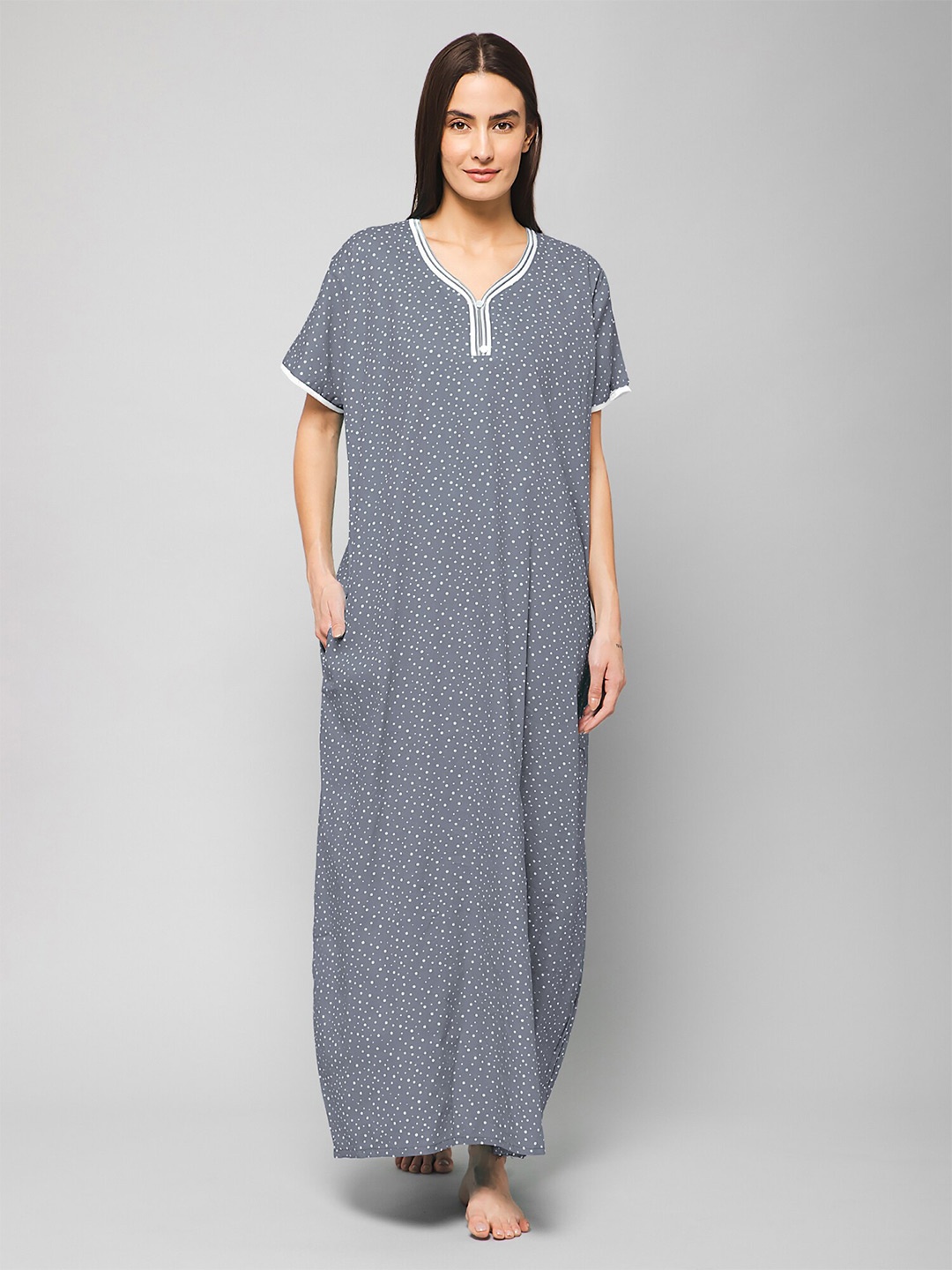

Winza Designer Polka Dots Printed Pure Cotton Maxi Nightdress, Grey