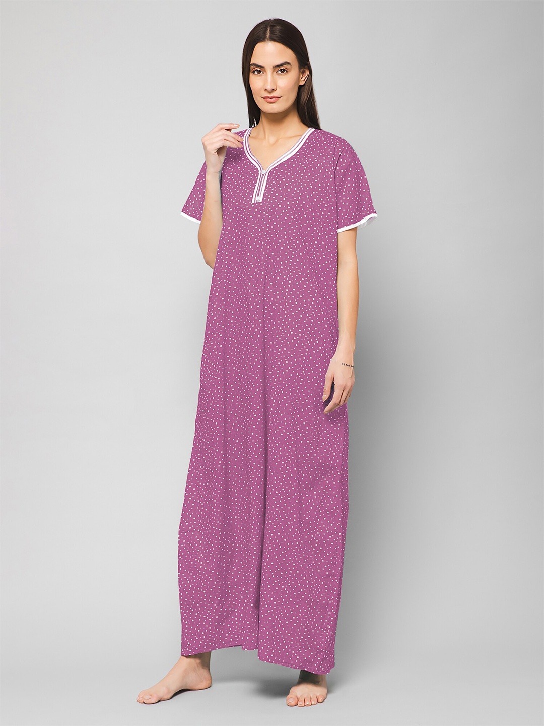 

Winza Designer Polka Dots Printed V-Neck Pure Cotton Maxi Nightdress, Pink