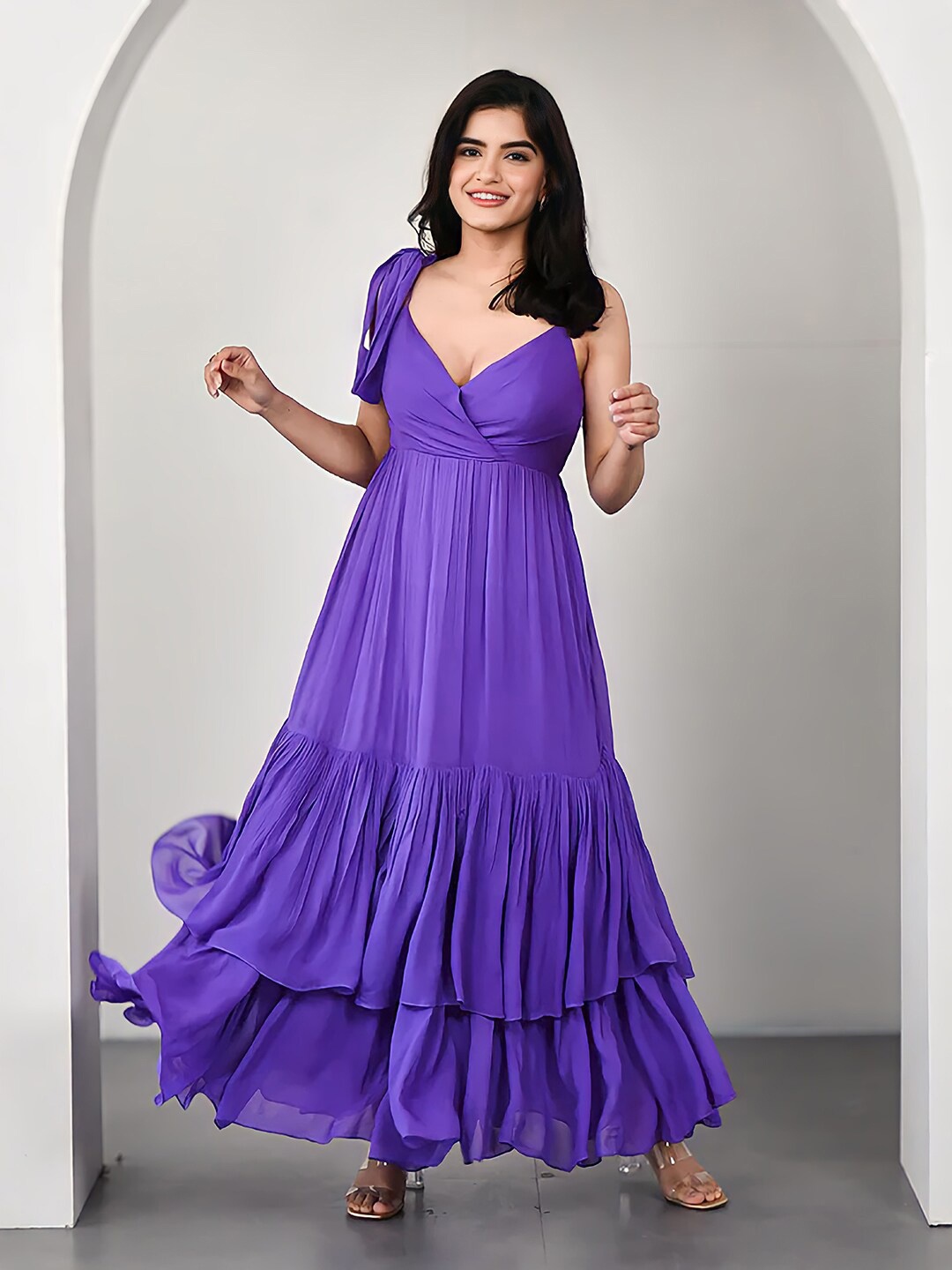 

Ziva Fashion Shoulder Straps Georgette Fit and Flare Maxi Dress, Purple