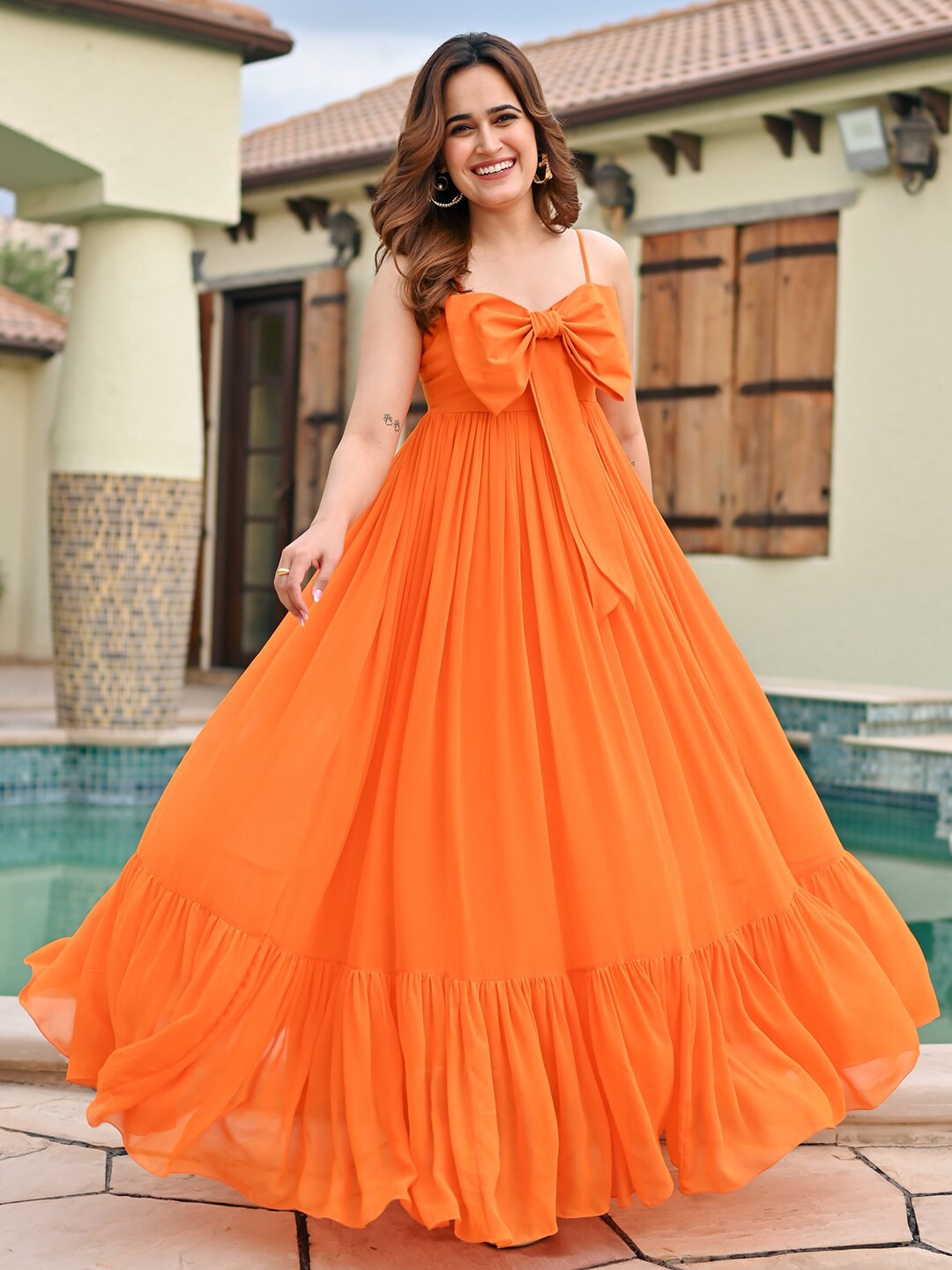 

Ziva Fashion Shoulder Straps Bow Georgette Fit and Flare Maxi Dress, Orange