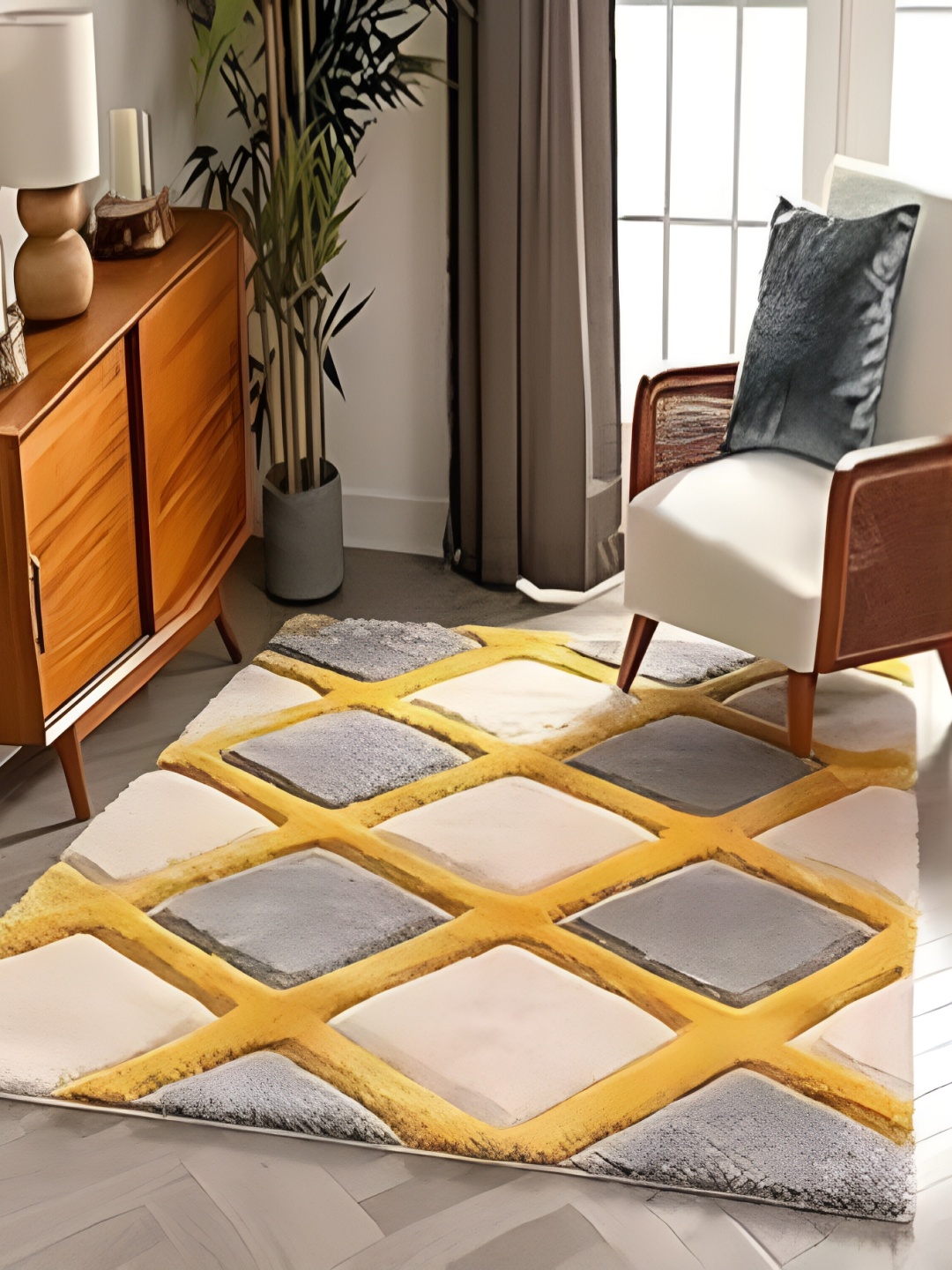 Shopgallery White & Grey Geometric Anti-Skid Carpet