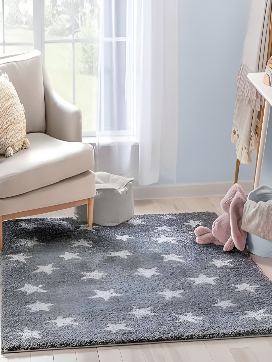 Shopgallery Grey & White Geometric Anti-Skid Shaggy Carpet