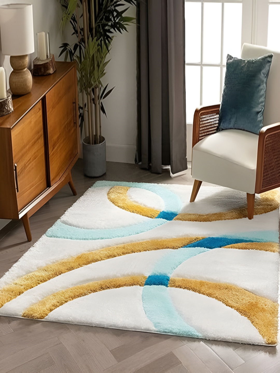 Shopgallery Turquoise Blue & White Geometric Anti-Skid Polyester Carpet
