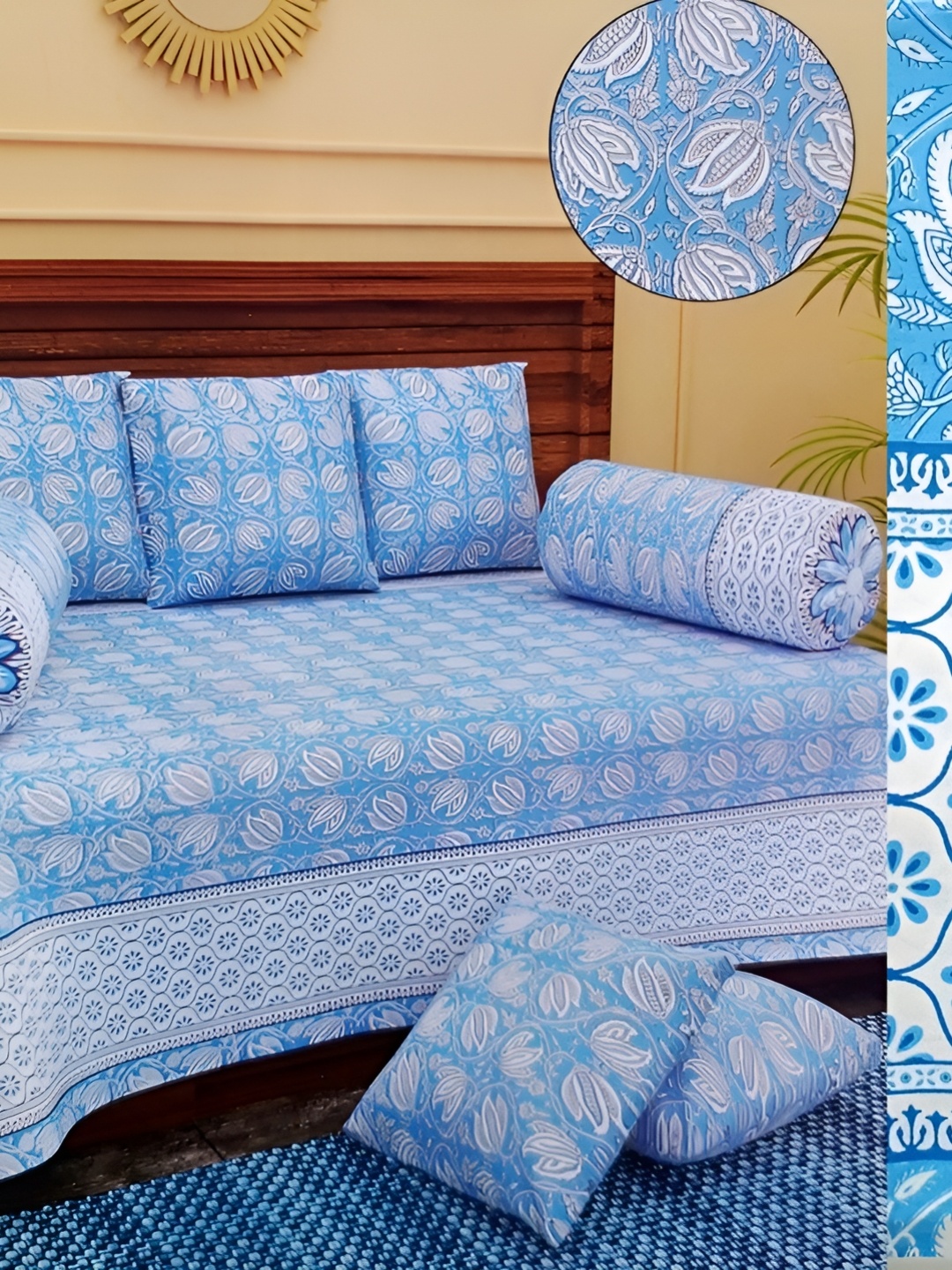 

Bedbathandbliss Blue Floral Printed Cotton 210 TC Single Bedsheet with 8 Pillow Covers