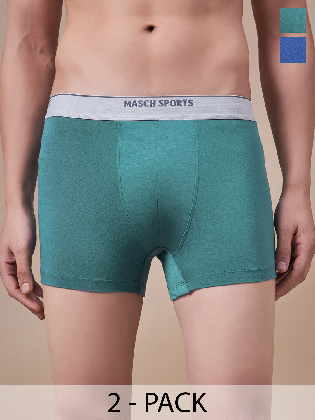 

Masch Sports Pack Of 2 Brand Logo Detail Trunks- TRK-2-SOL-EI-BLU-ET-GRN, Blue