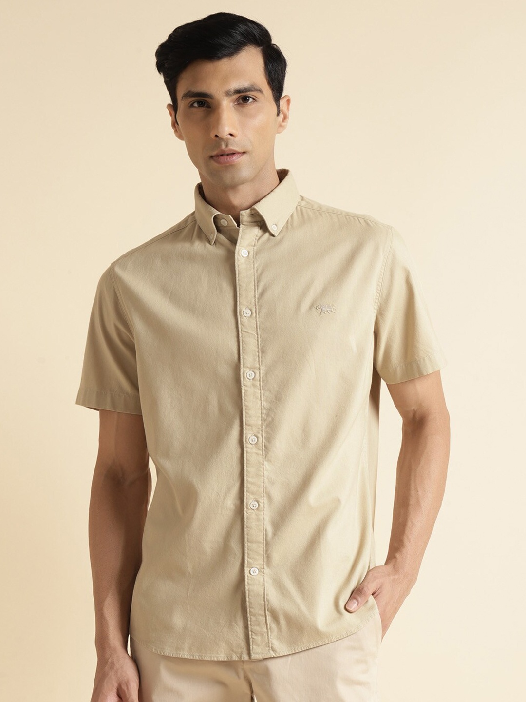 

Andamen Premium Contrast Neckband Slim Fit Shirt, Khaki