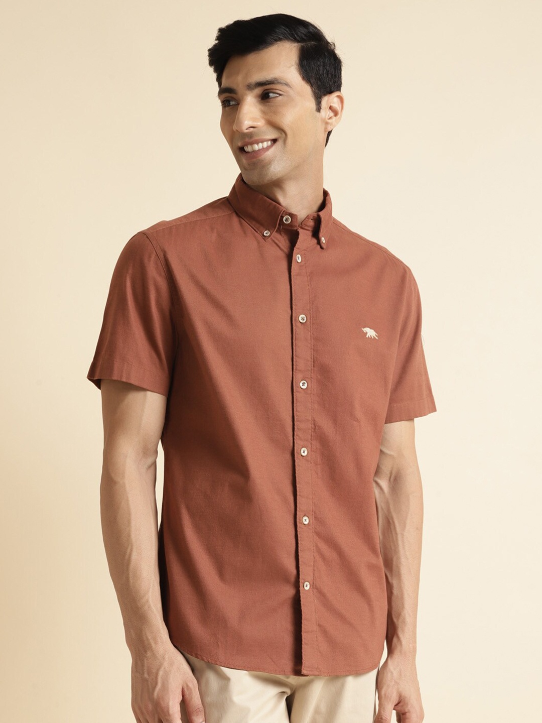 

Andamen Premium Contrast Neckband Slim Fit Cotton Shirt, Brown