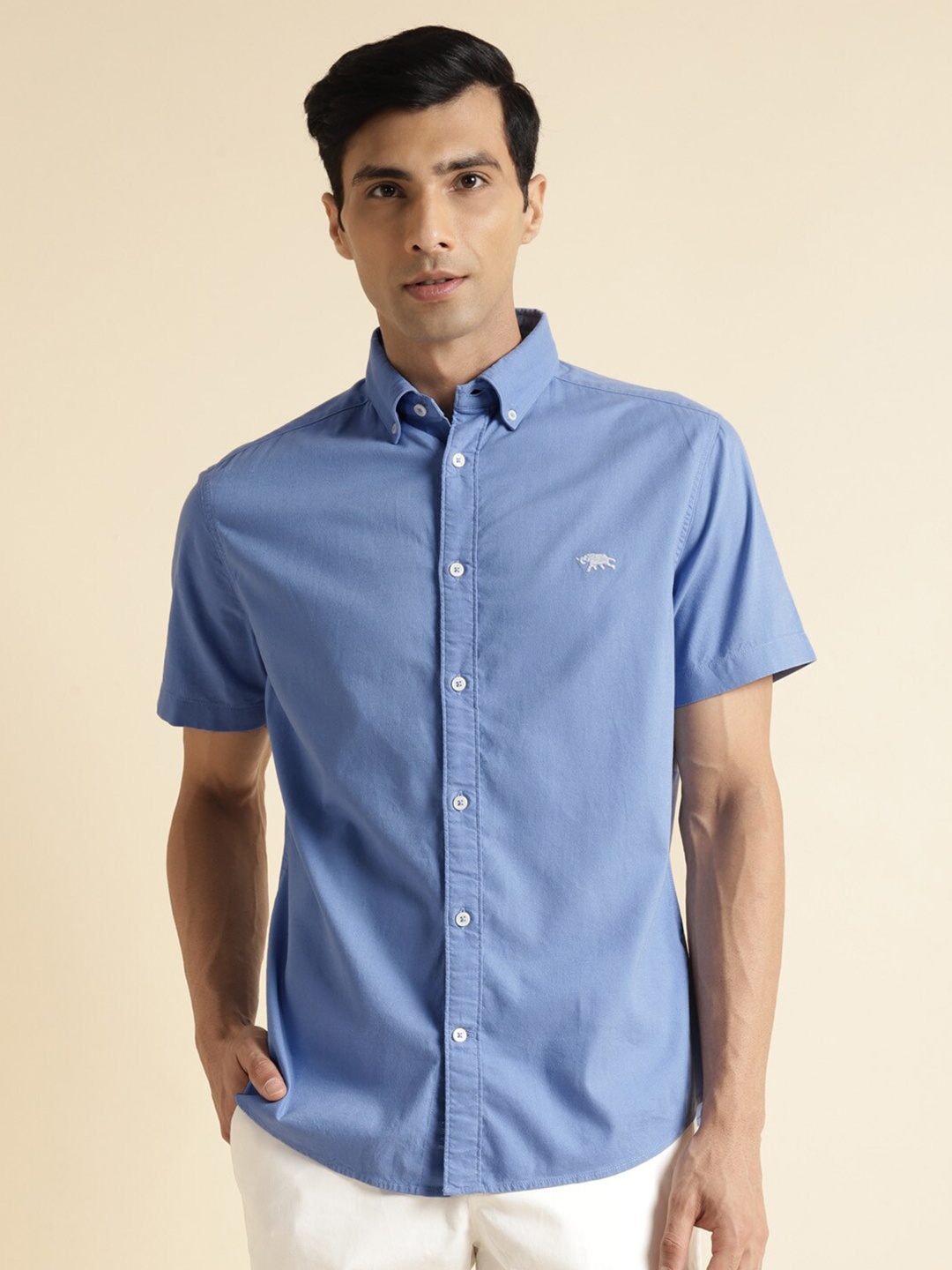 

Men Premium Contrast Neckband Regular Cotton Shirt, Blue