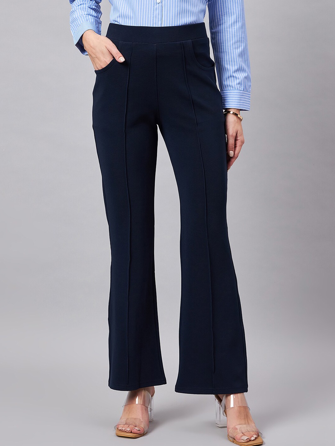 

Style Quotient Women Navy Blue Smart Mid-Rise Flared Bootcut Trousers