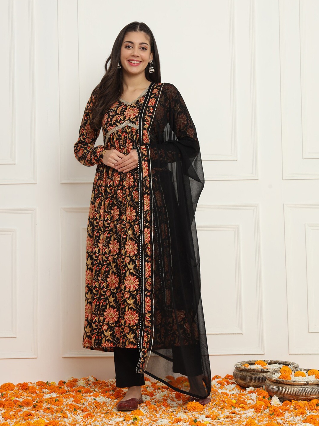 

Meeranshi Floral Printed Empire Anarkali Kurta with Trouser & Dupatta, Black