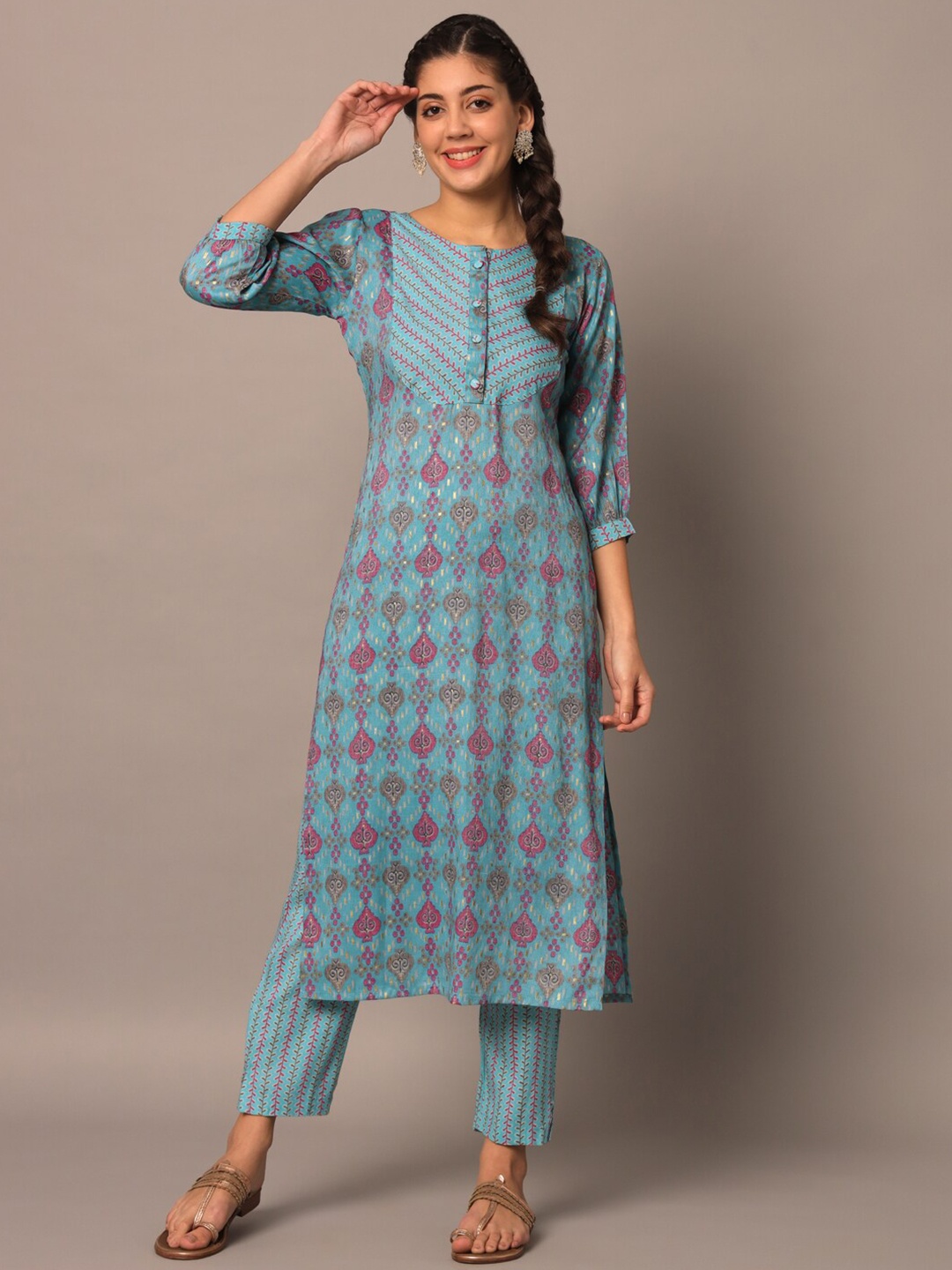 

Meeranshi Ethnic Motifs Printed Striaght Kurta with Trousers, Blue