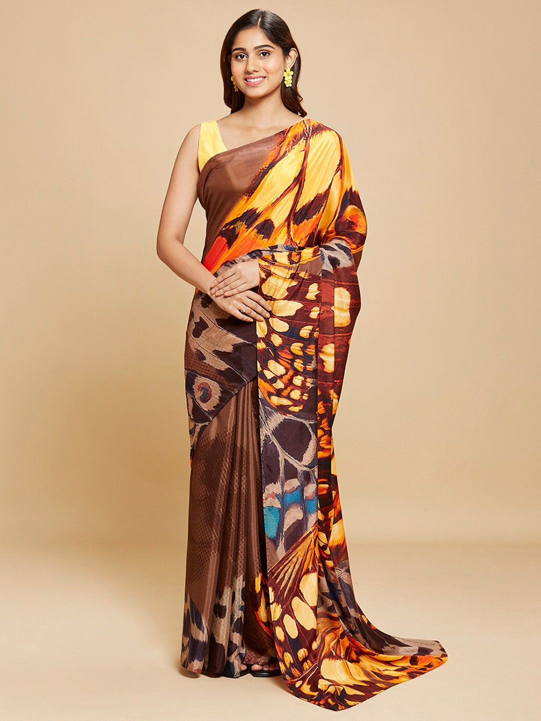 

navyasa by liva Abstract Printed Saree, Brown