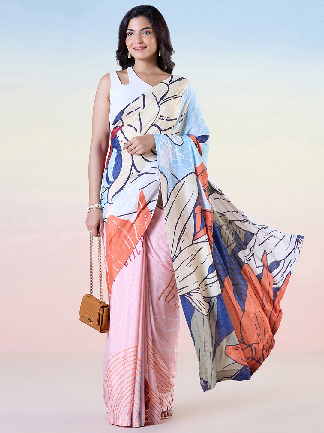 

navyasa by liva Floral Print Jacquard Saree, Brown