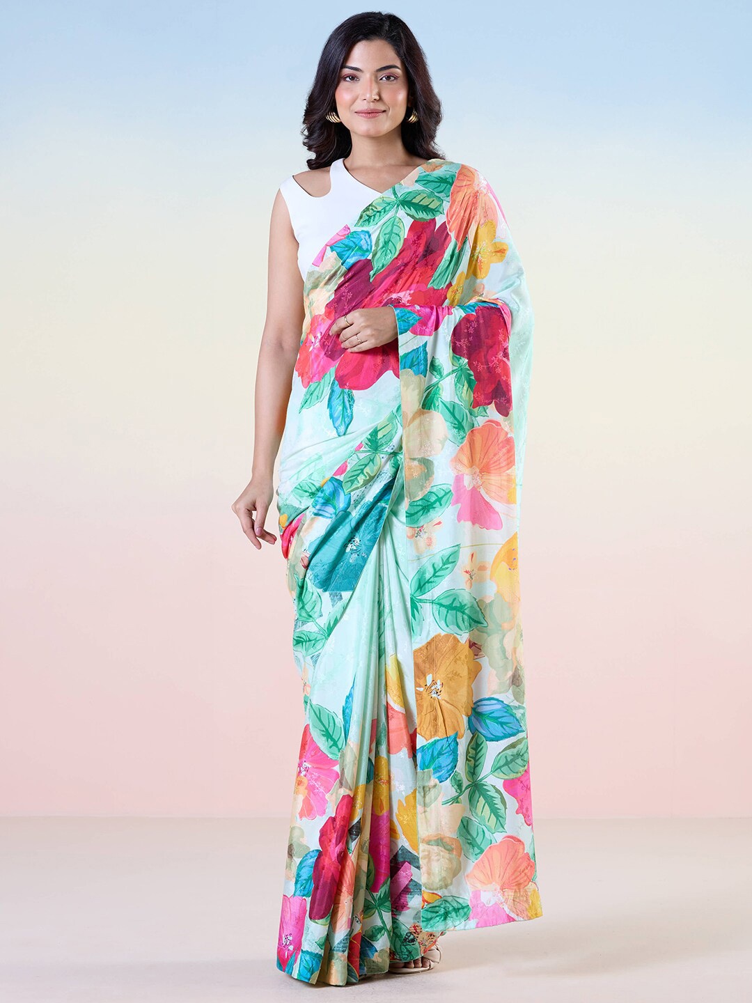 

navyasa by liva Green & Pink Floral Liva Saree