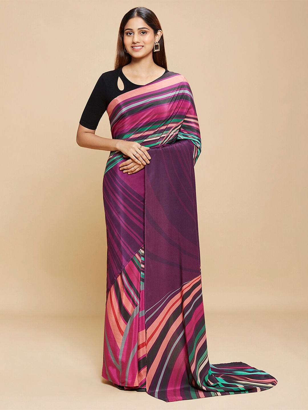 

navyasa by liva Purple & Peach Coloured Striped Liva Saree