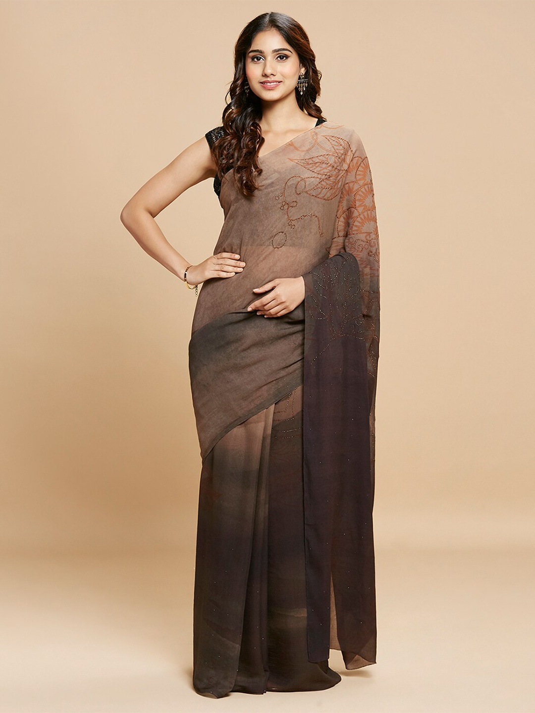 

navyasa by liva Brown & Orange Floral Beads and Stones Liva Saree