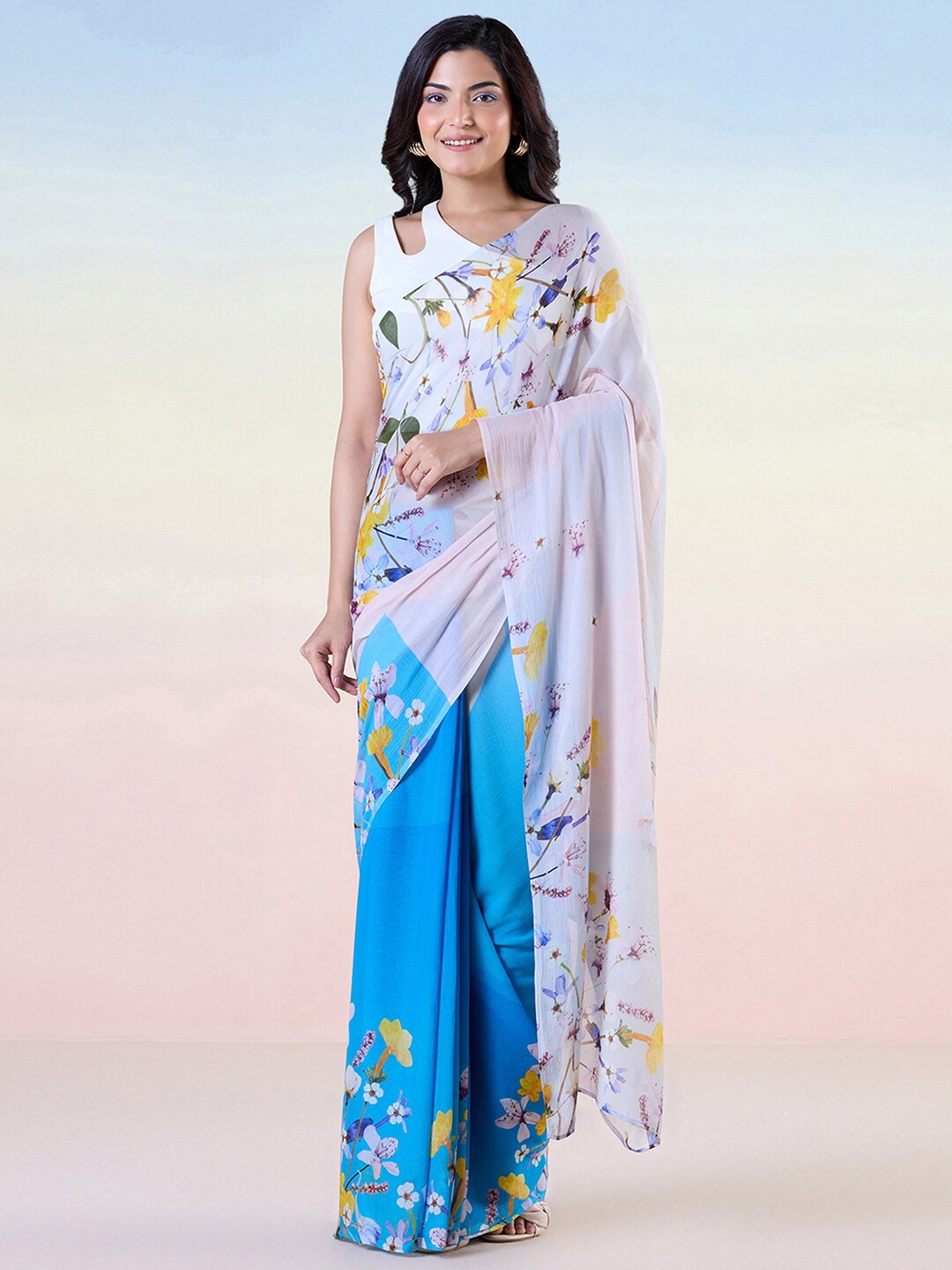 

navyasa by liva Floral Printed Half and Half Saree, Blue