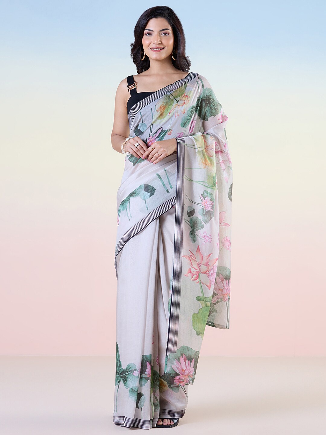 

navyasa by liva Grey & Pink Floral Liva Saree