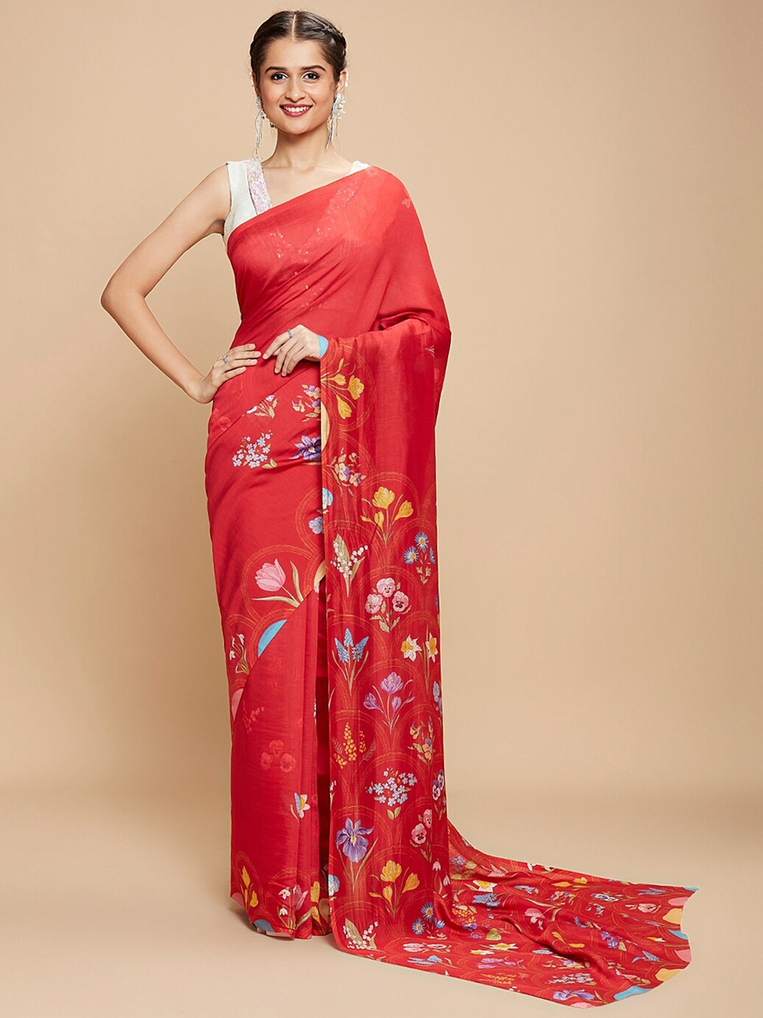 

navyasa by liva Red & Blue Floral Liva Saree