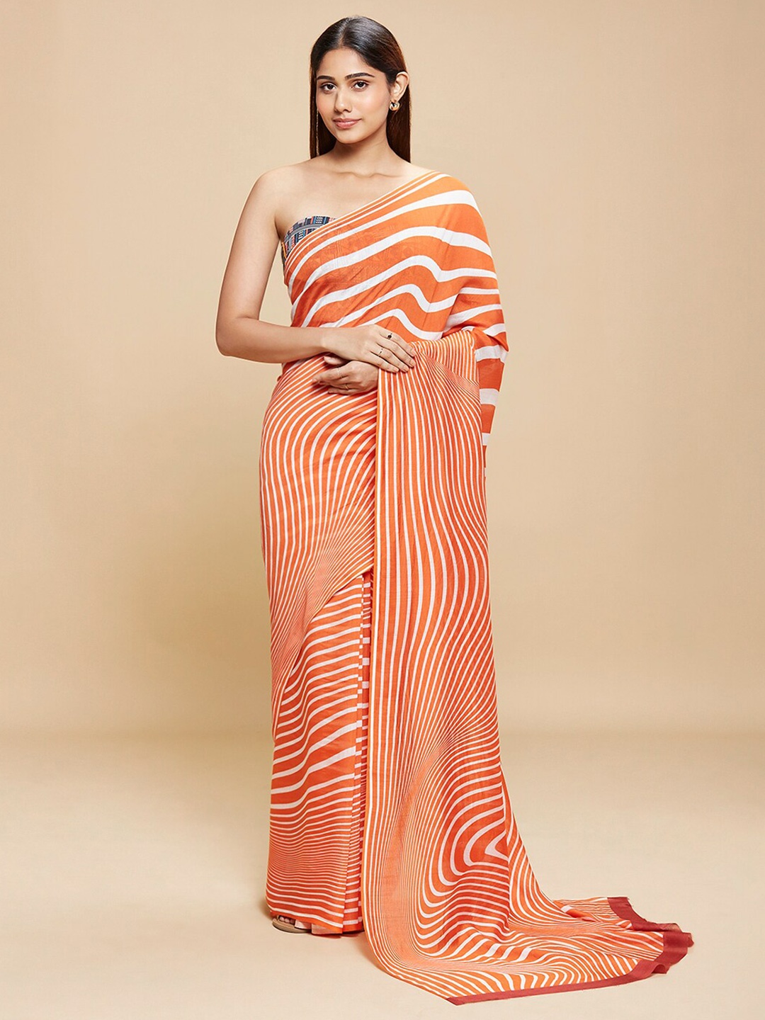 

navyasa by liva Orange & White Striped Liva Saree