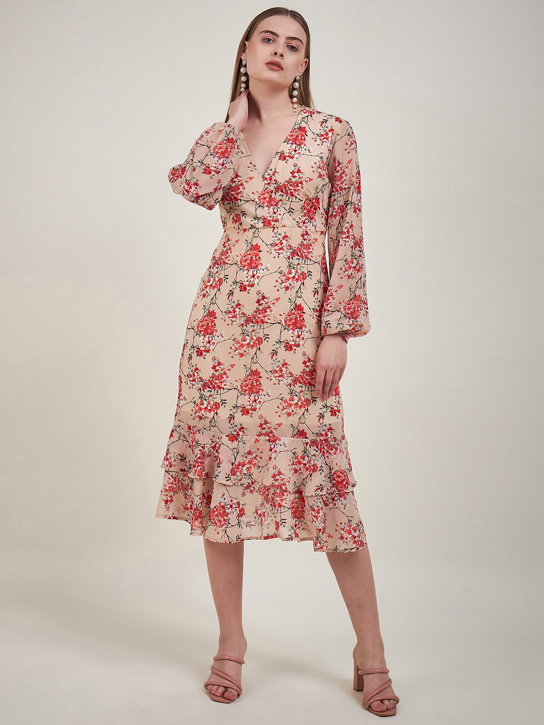 

STYLE BLUSH Floral Printed Flared Sleeve Ruffled Crepe A-Line Midi Dress, Beige