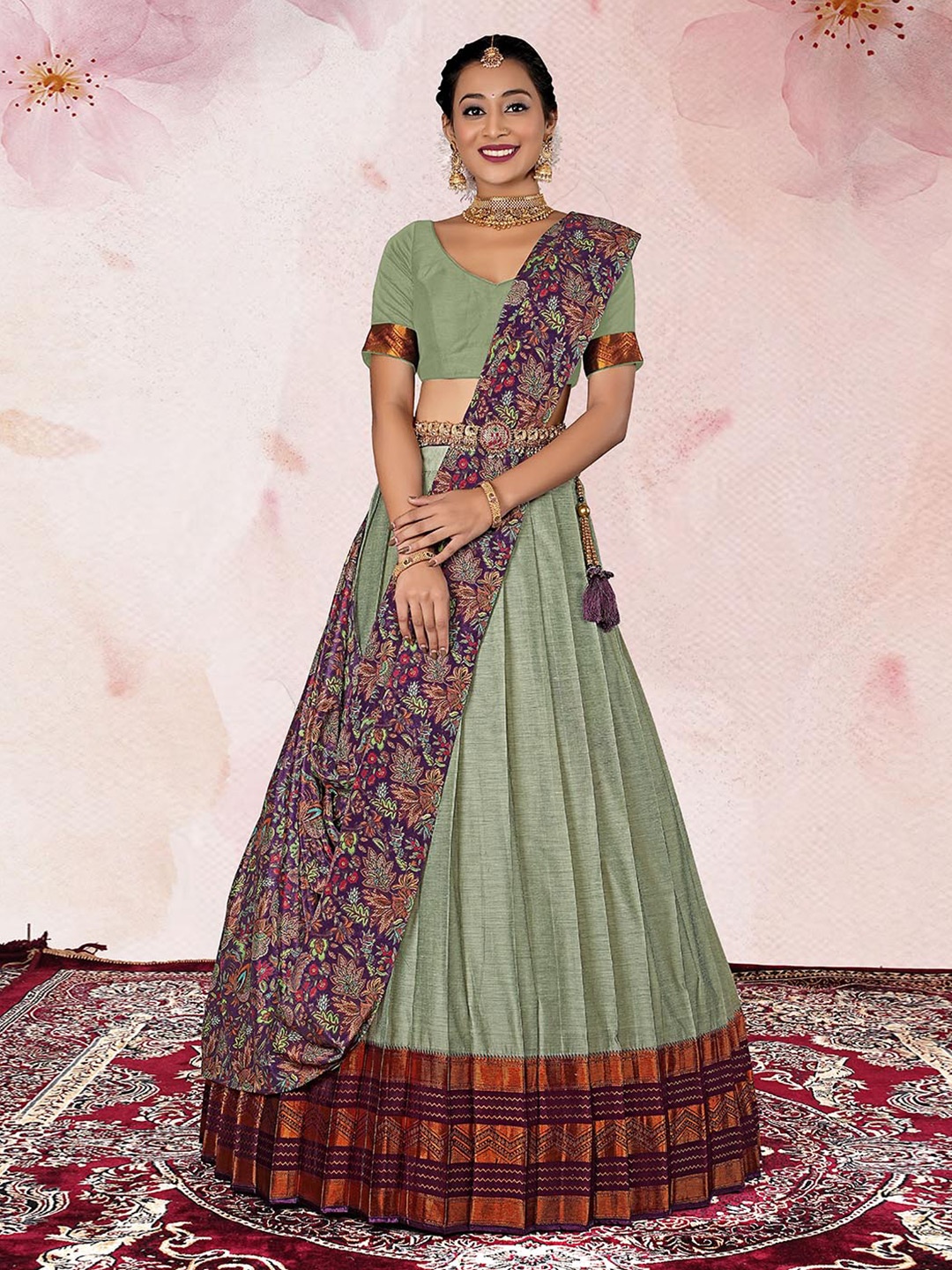 

HALFSAREE STUDIO Zari Semi-Stitched Lehenga & Unstitched Blouse With Dupatta, Grey