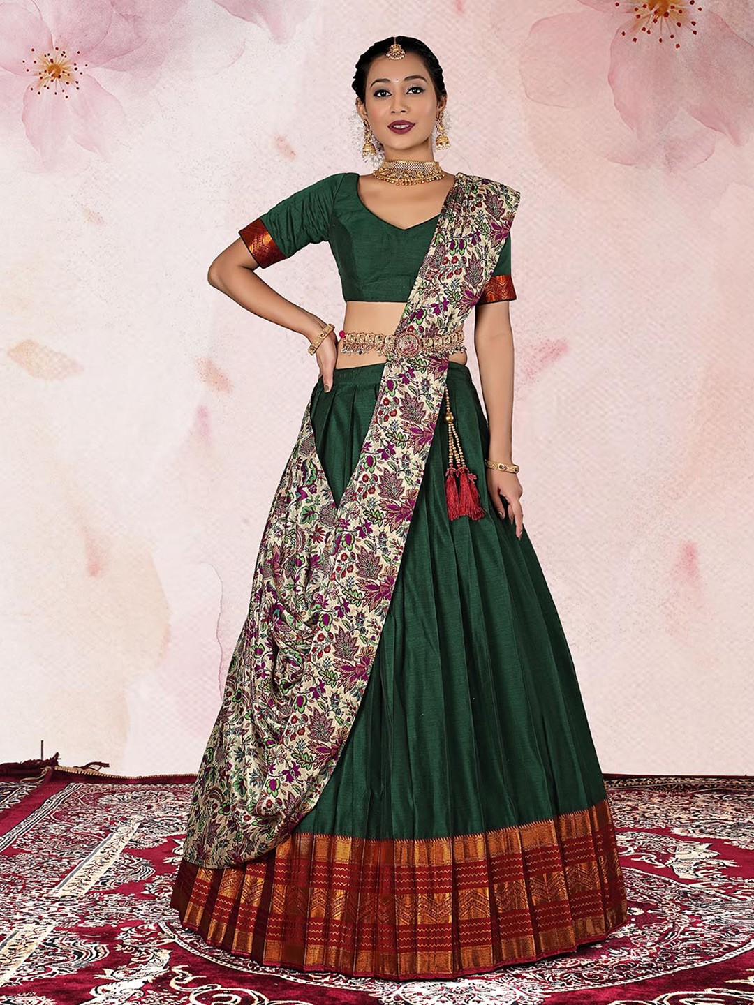 

HALFSAREE STUDIO Zari Semi-Stitched Lehenga & Unstitched Blouse With Dupatta, Green