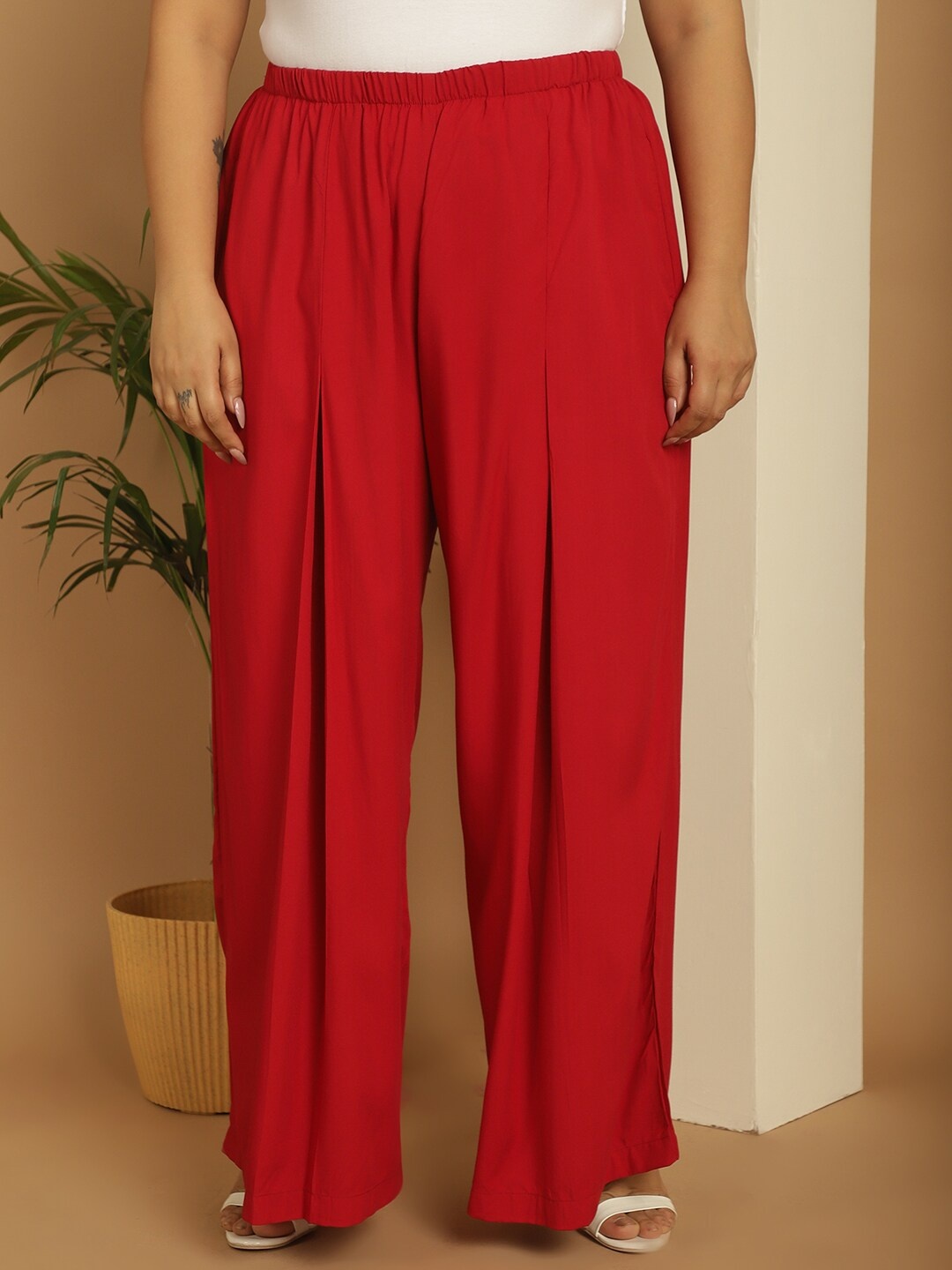 

theRebelinme Plus Size Women Flared Palazzos, Red