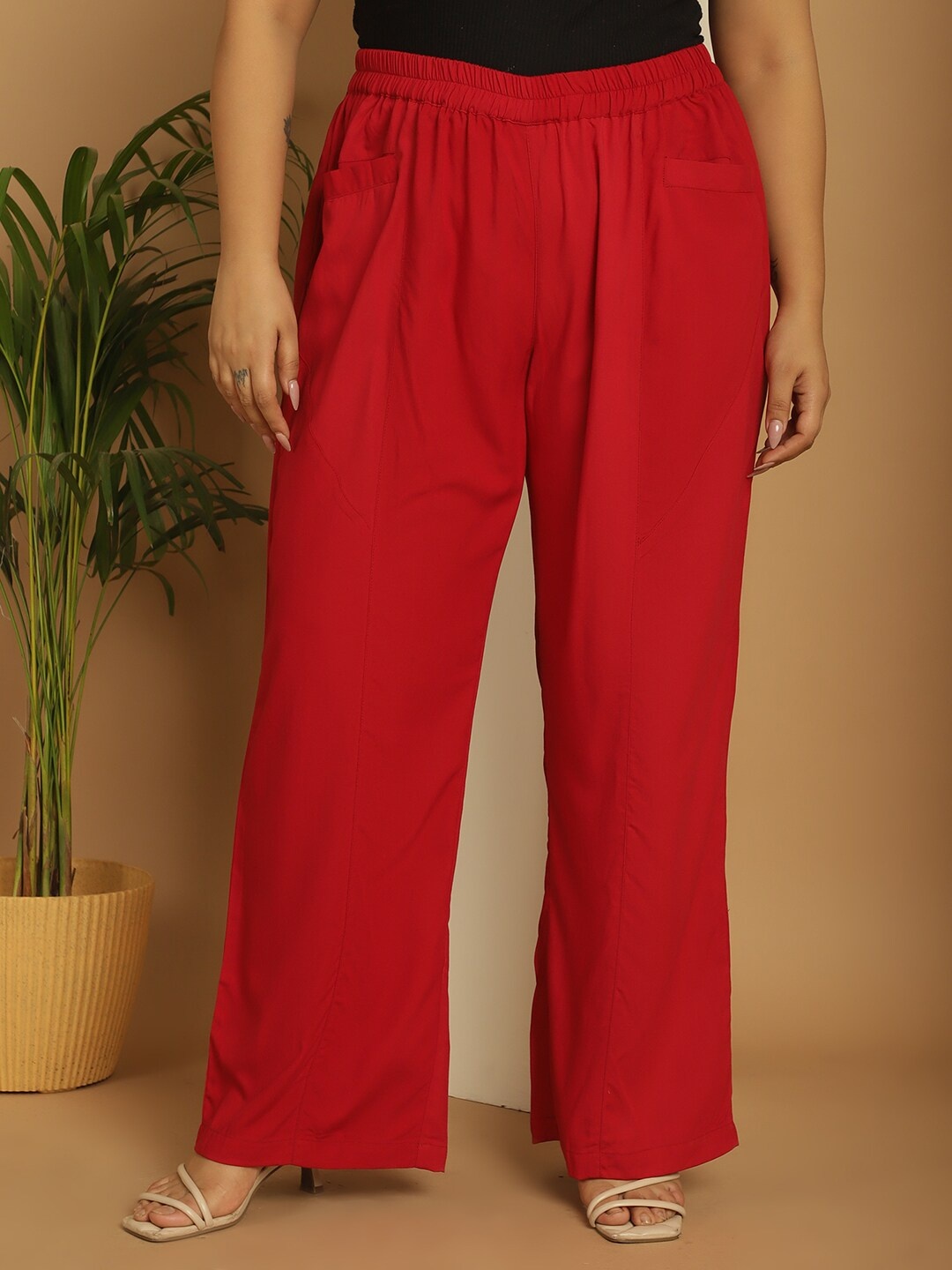 

theRebelinme Women Plus Size Flared Palazzos, Red