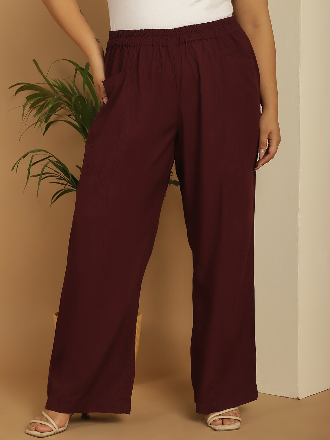 

theRebelinme Women Plus Size Flared Palazzos, Burgundy