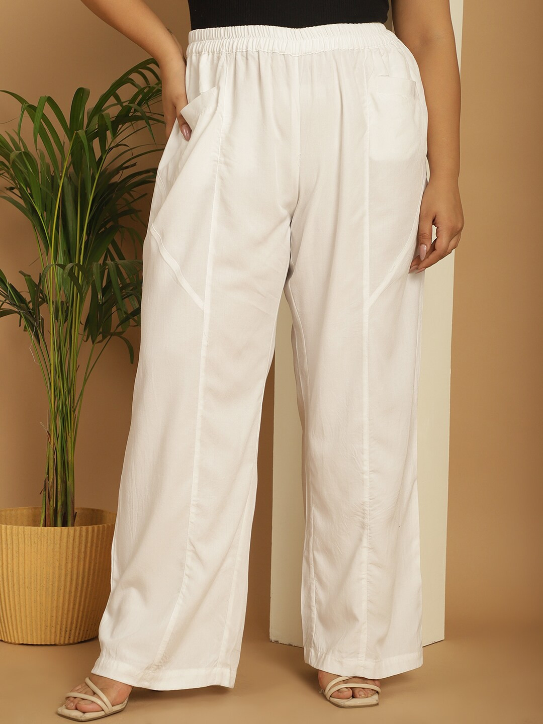 

theRebelinme Women Plus Size Mid Rise Palazzos, White