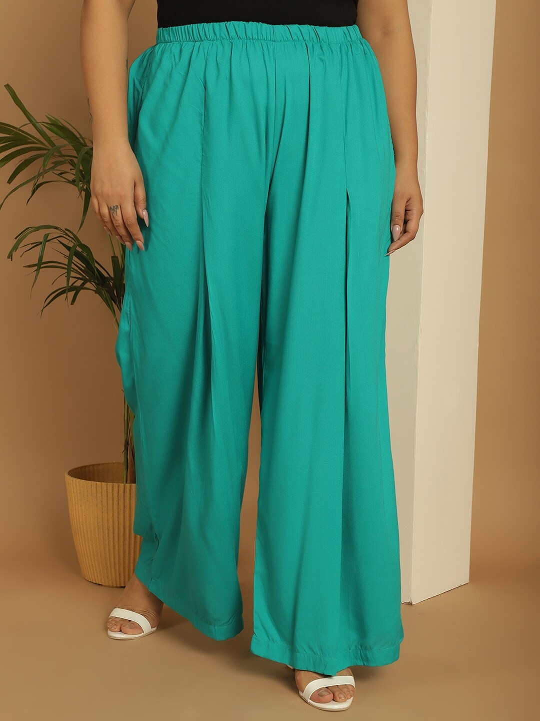 

theRebelinme Women Plus Size Mid Rise Palazzos, Teal