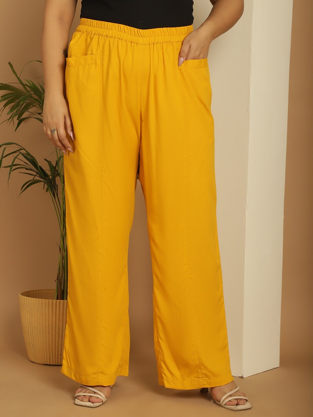 

theRebelinme Women Plus Size Mid Rise Palazzos, Mustard