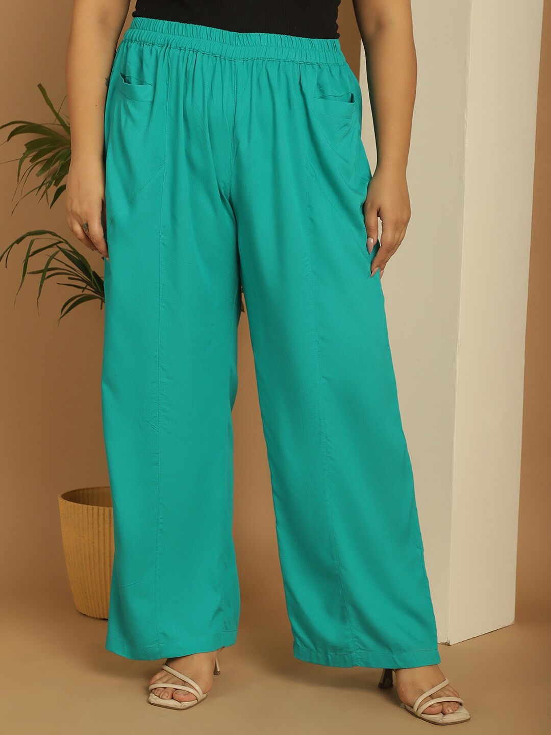 

theRebelinme Women Plus Size Mid Rise Palazzos, Teal