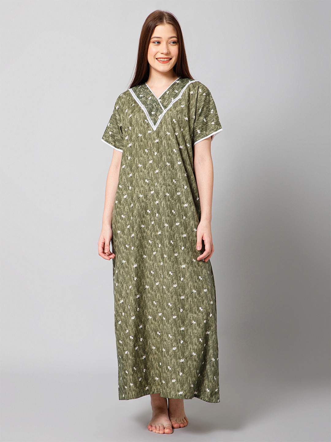 

Winza Designer Floral Printed Pure Cotton Maxi Nightdress, Olive