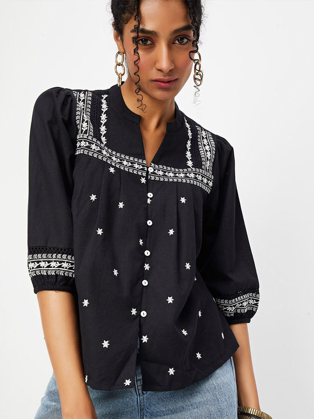 

max Ethnc Motifs Embroidered Mandarin Collar Cotton Top, Black