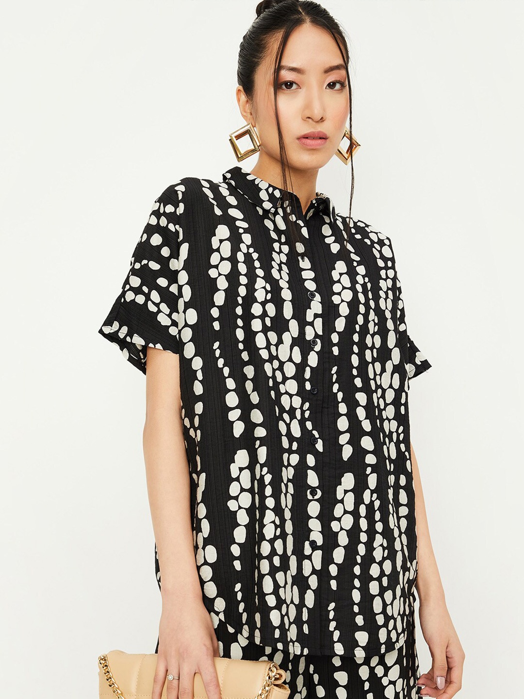 

max Geometric Printed Cotton Casual Shirt, Black