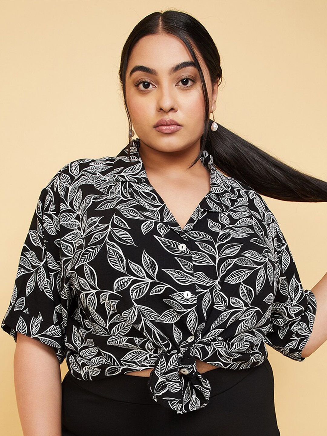 

max Plus Size Floral Printed Casual Shirt, Black