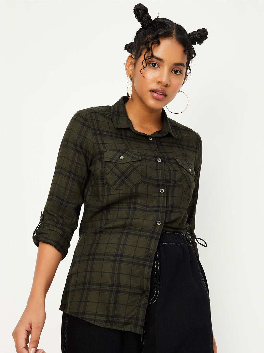 

max Tartan Checked Casual Shirt, Olive