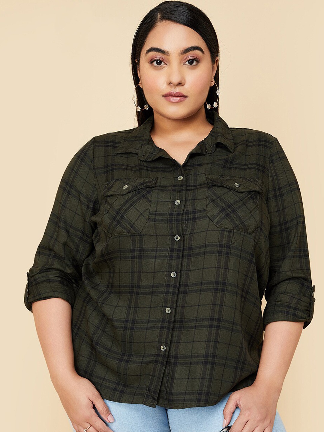 

max Plus Size Tartan Checked Roll-Up Sleeves Casual Shirt, Olive