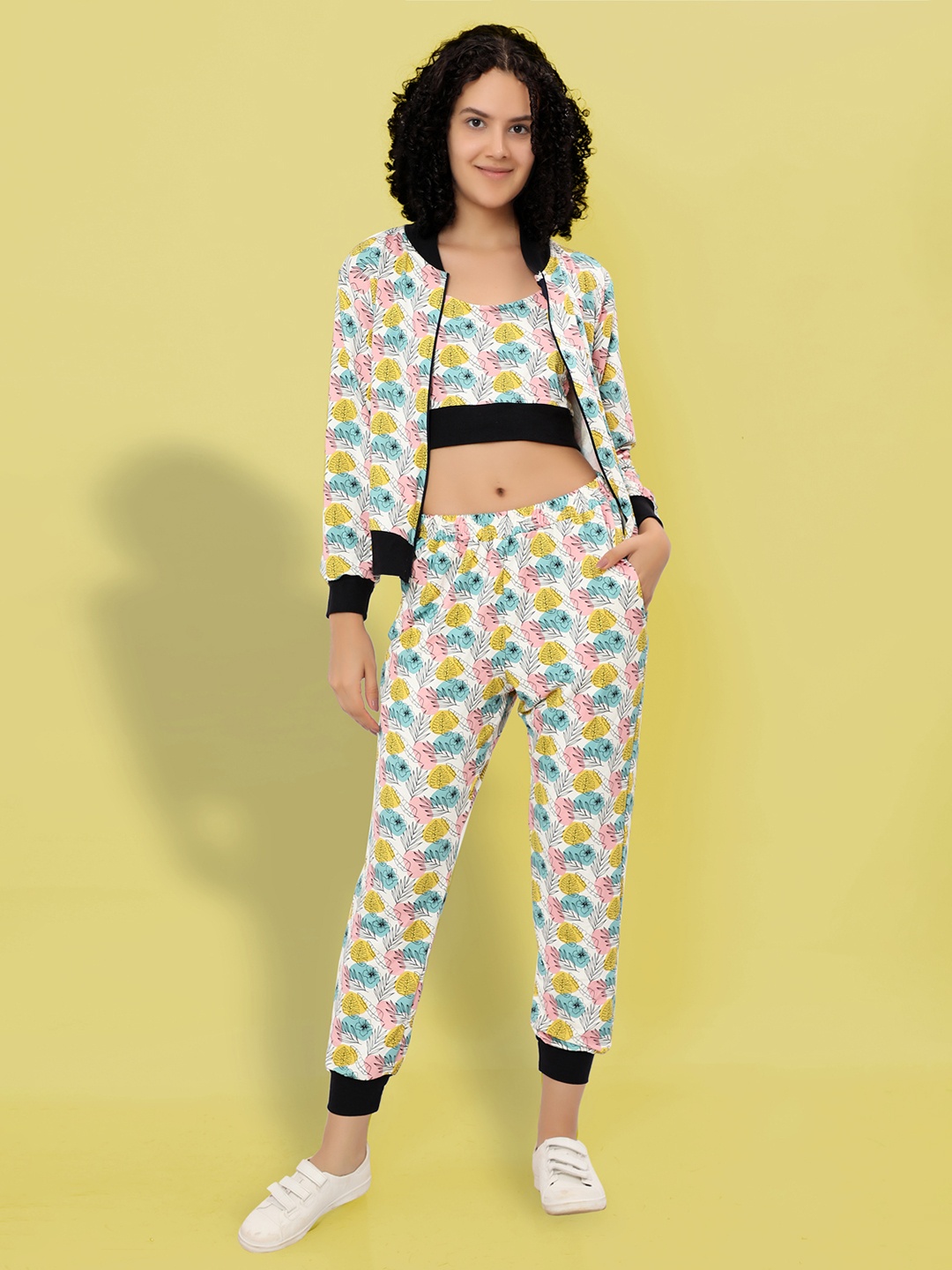 

Ninos Dreams Tropical Printed Crop Top & Jacket With Mid-Rise Joggers, Blue