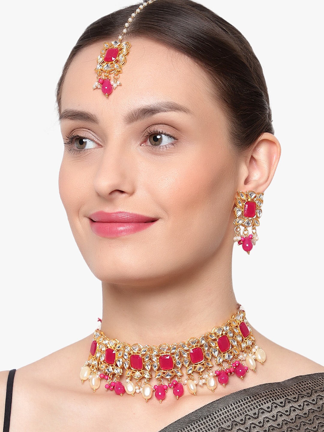 

STEORRA JEWELS Gold-Plated Kundan-Studded & Beaded Jewellery Set