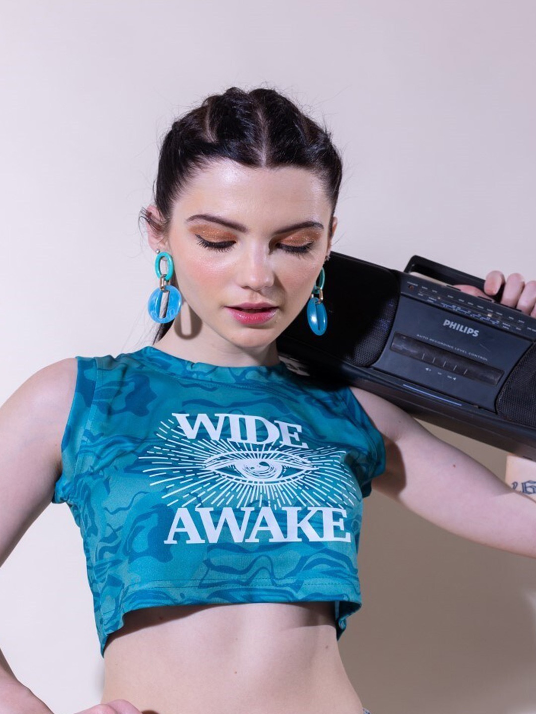 

Stylecast X Hersheinbox Blue & White Typography Printed Crop Top