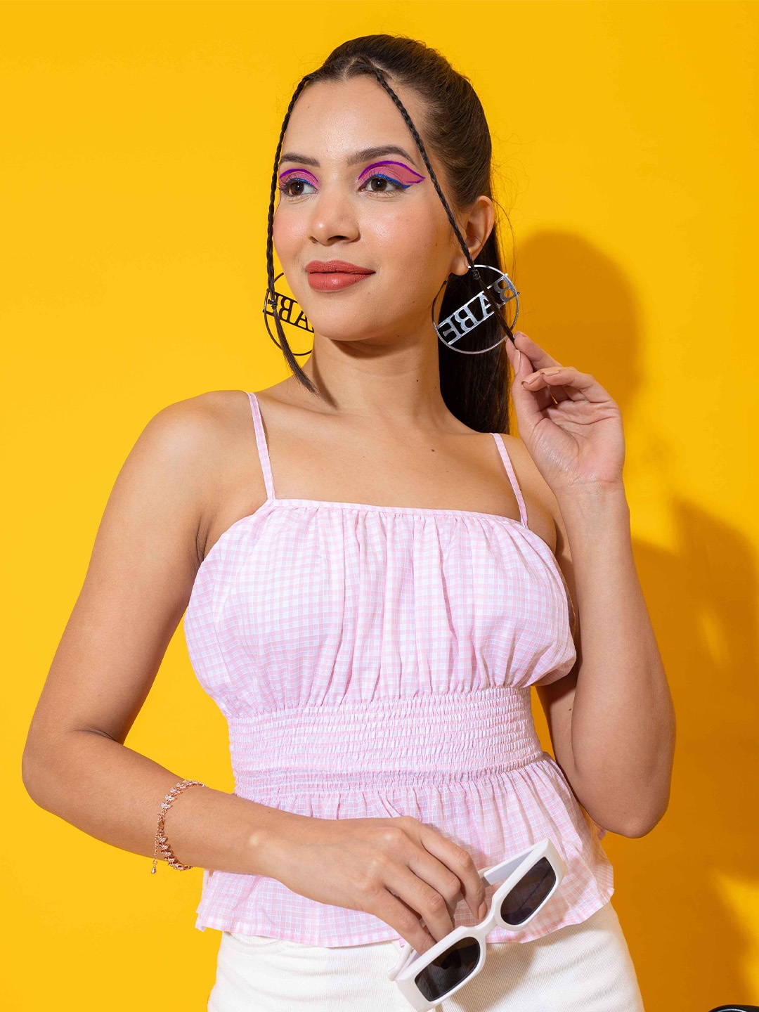 

Stylecast X Hersheinbox Pink Checked Printed Shoulder Straps Sleeveless Empire Crop Top