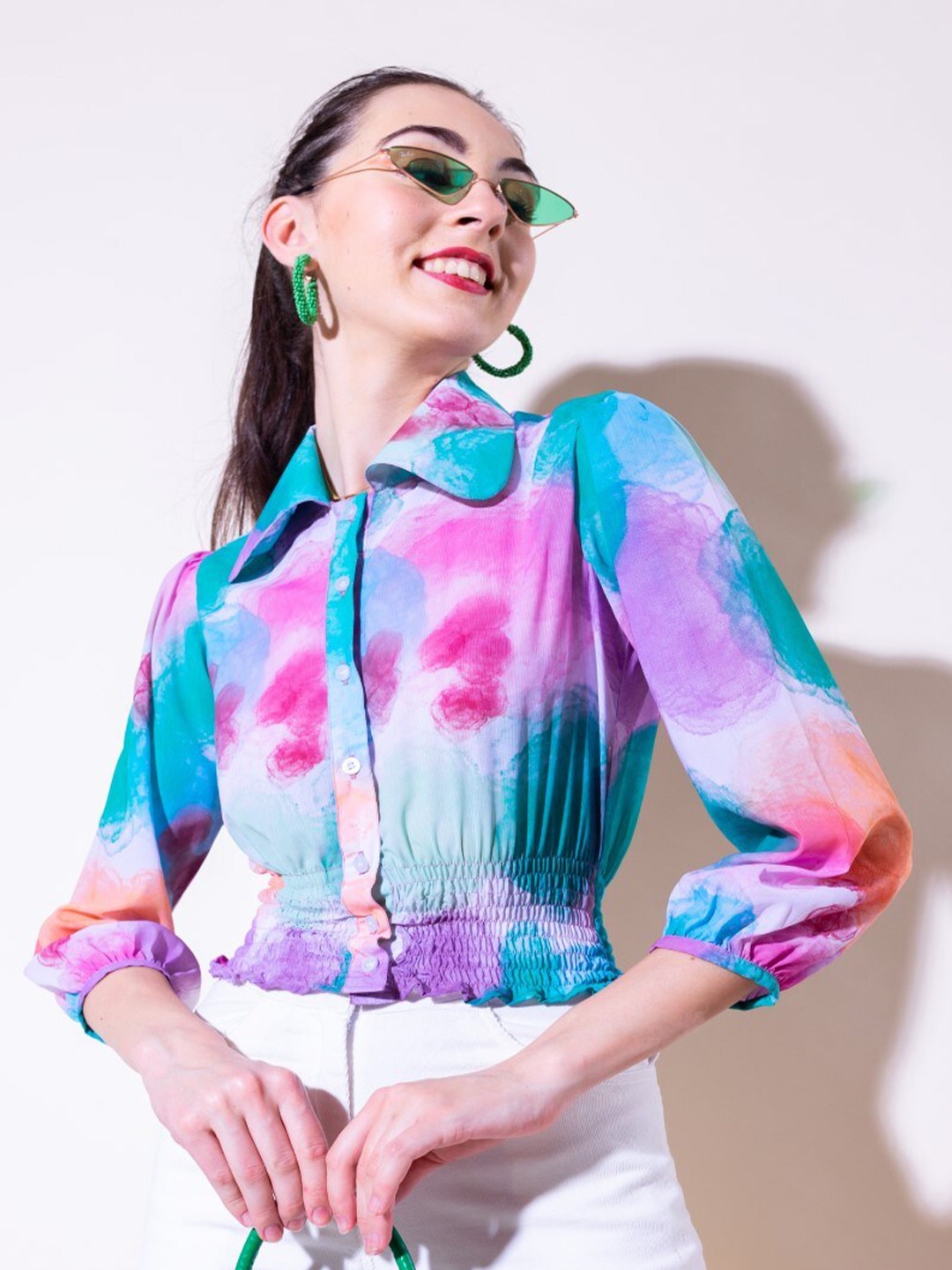 

Stylecast X Hersheinbox Blue & Purple Abstract Printed Shirt Collar Regular Blouson Top