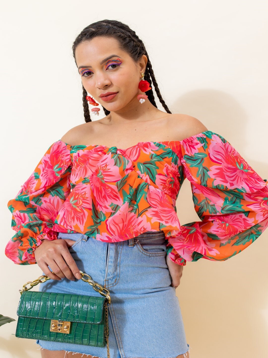 

Stylecast X Hersheinbox Floral Print Off-Shoulder Puff Sleeve Georgette Bardot Crop Top, Pink