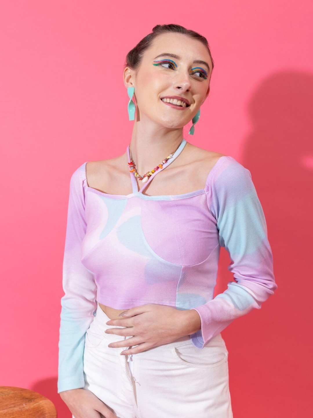

Stylecast X Hersheinbox Pink & Blue Square Neck Long Sleeves Crop Top