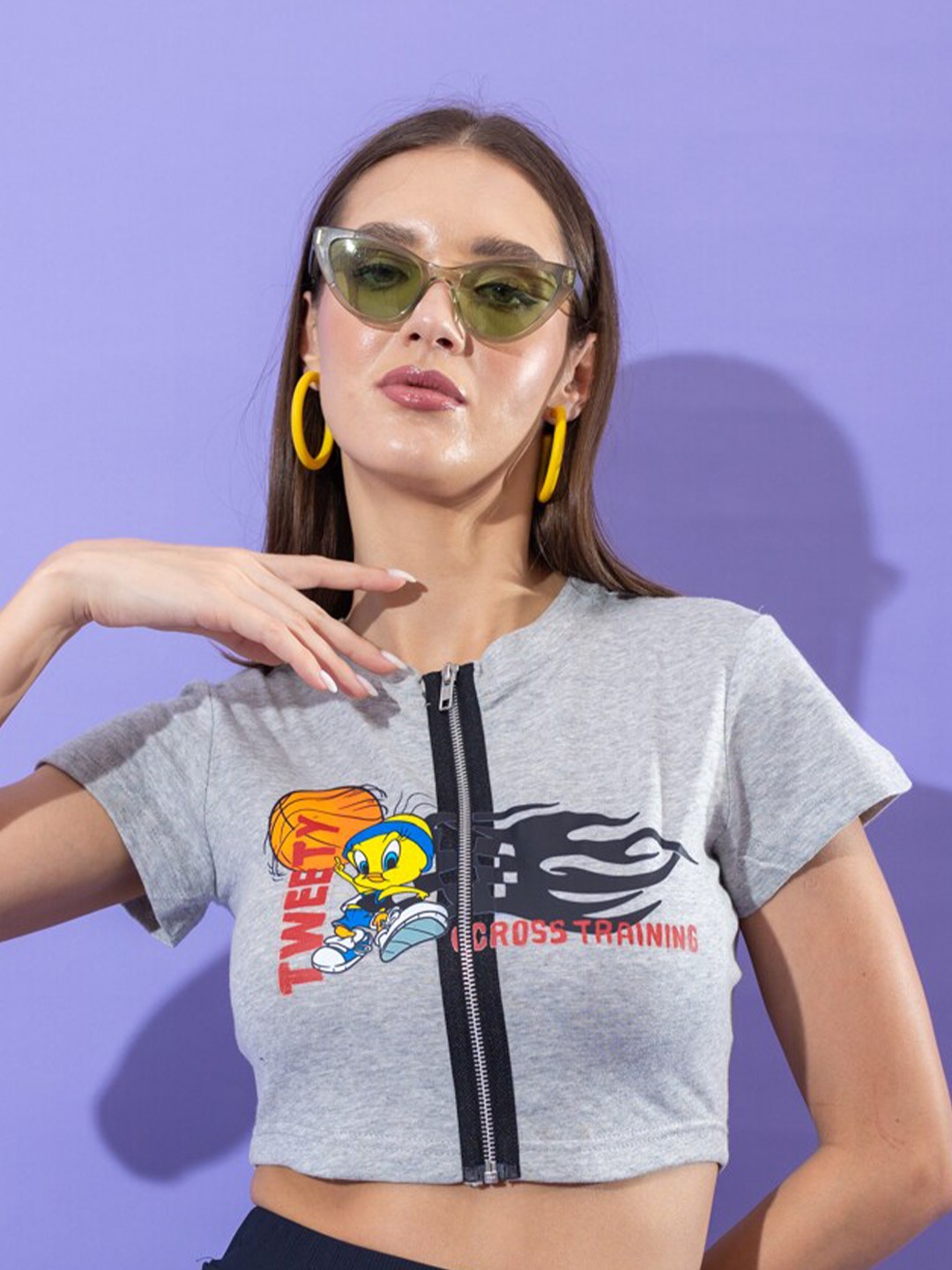 

Stylecast X Hersheinbox Grey Graphic Printed Round Neck Cotton Regular Crop Top